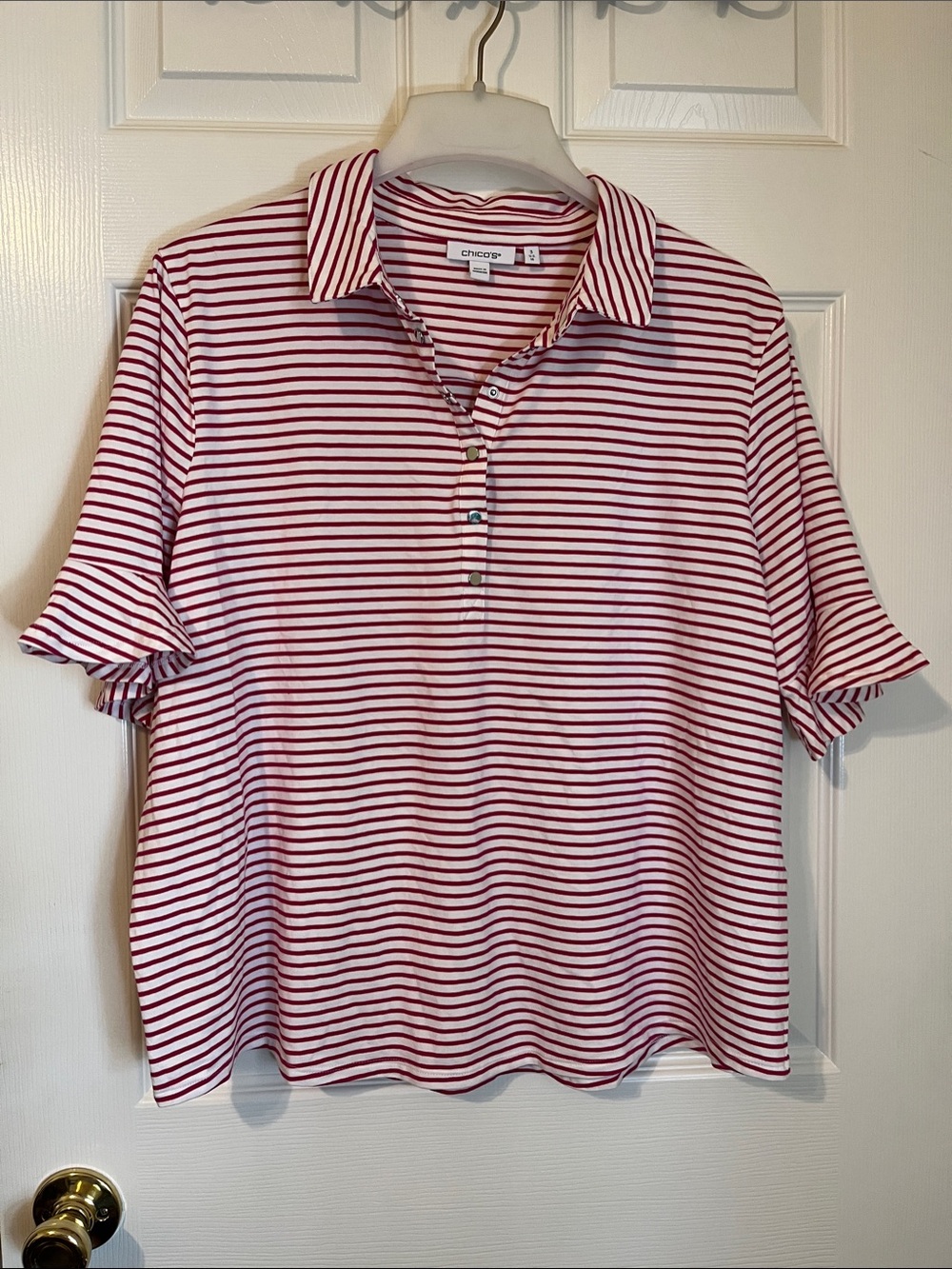 Chico's Red & White Striped Polo Top with Flutter Sleeves